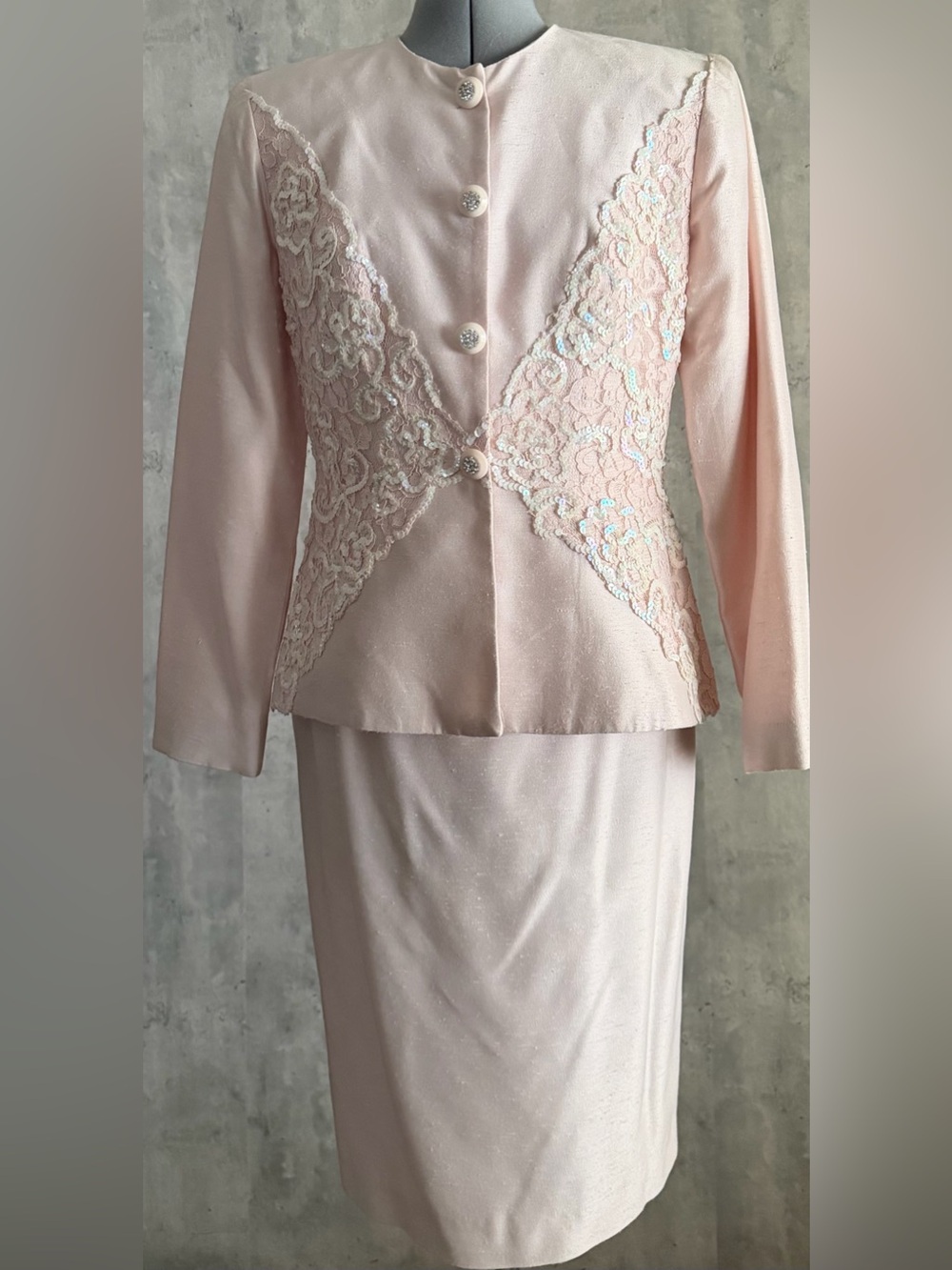 Vtg Farinae 2pc Pink Sequined Jacket Skirt Suit Sz 8 Mother of the Bride Church
